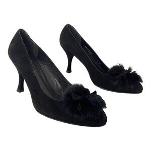 Stuart Weitzman 7.5 Black Suede Fur Pom Pom Detail Pumps Heels
